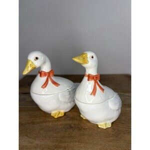 2 Otagiri JAPAN Ceramic Goose Condiment/jelly/ Trinket Jars Rare Musical Geese